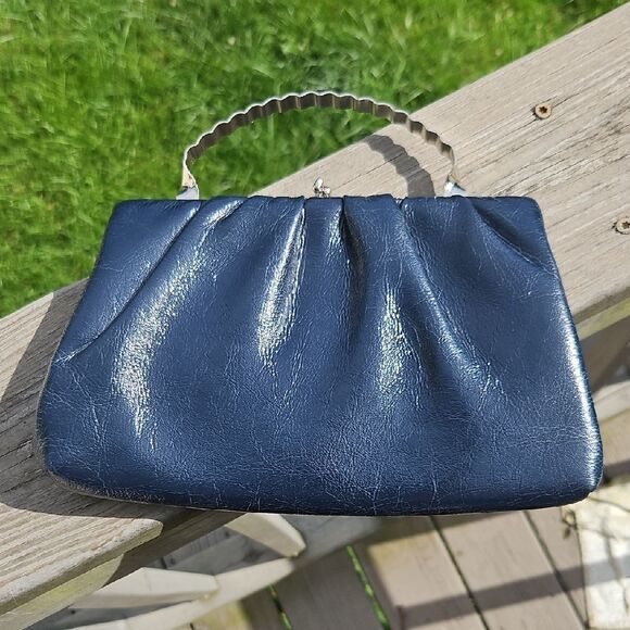 Vintage Navy Leather Convertible Clutch Purse with Silver Handle - Picture 1 of 6